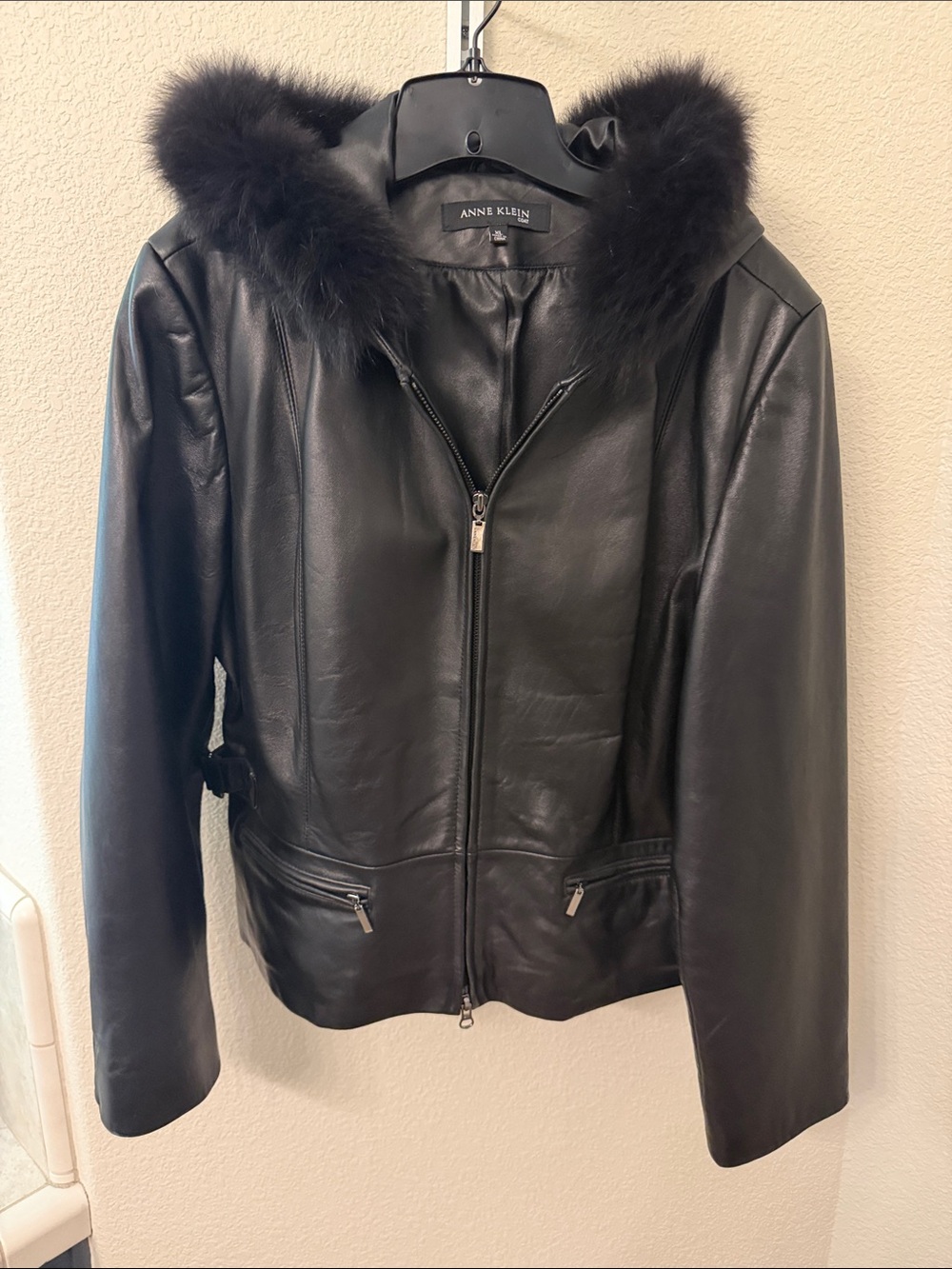 Anne Klein Black Leather Hooded Jacket with Fur Trim
